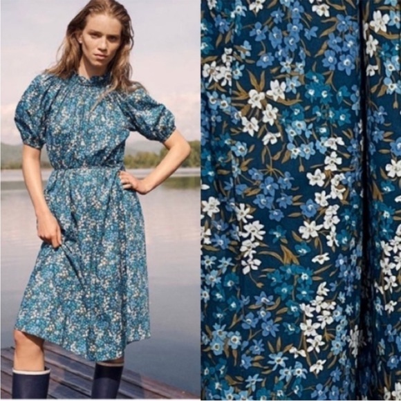 J Crew Liberty Sea Blossoms Blue Floral Smocked Neck Puff Sleeves Dress London m - Picture 1 of 9